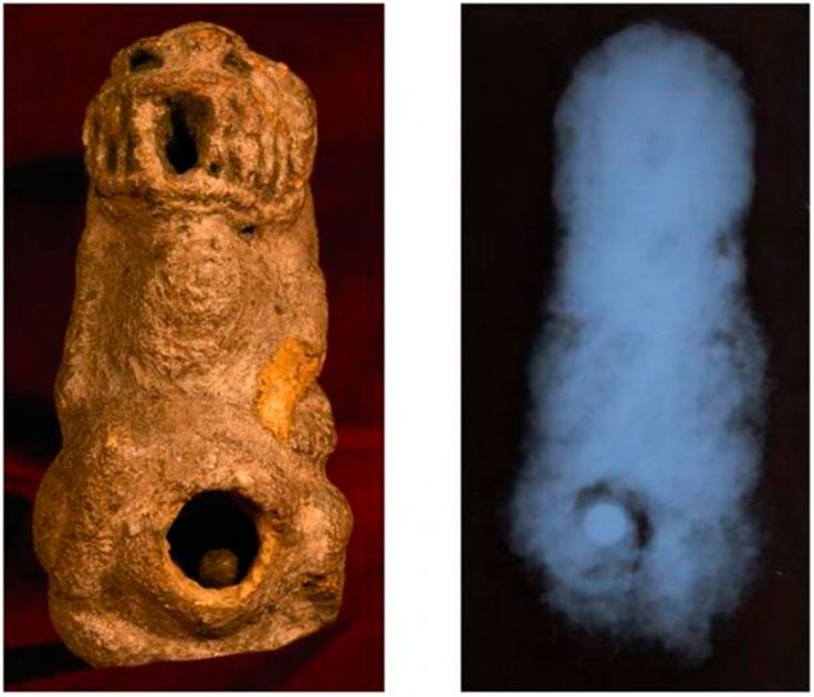 Left: Nomoli figure with opening containing metal ball. Right: X-ray of statue before it was opened, showing metal ball inside. (Project Avalon)