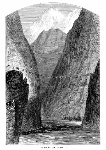 El más largo de los puentes de cuerda incas, que mide 148 pies (45 m), cruzó el río Apurímac cerca de la actual Curahuasi. Este dibujo del arqueólogo estadounidense E. George Squier se incluyó en un libro de 1877 sobre Perú. (Dominio publico)