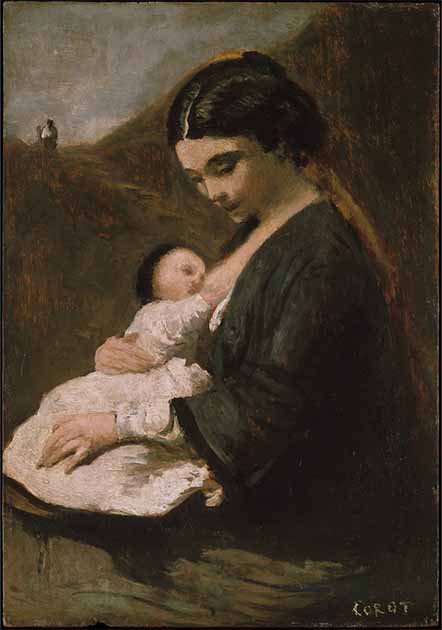 The magical effect of a mother’s kisses is an example of the placebo effect at play. Mother and Child by Camille Corot. (Public domain)
