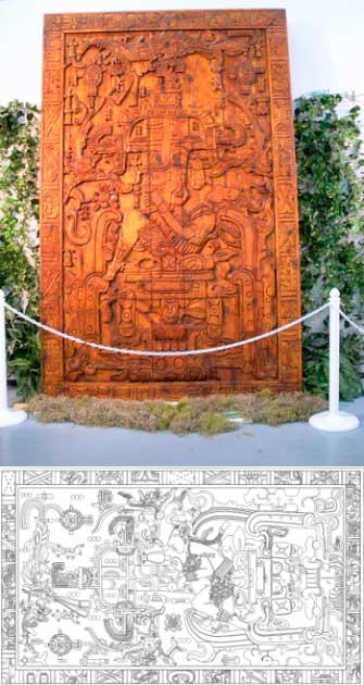 Il magnifico coperchio del sarcofago del sovrano Maya Pakal il Grande a Palenque, in Messico.  (BY-SA 2.0 / CC BY-SA 1.0) Di lato sembra che Pakal stia azionando una serie complessa di controlli in un'astronave.  Gli storici dicono che mostra una serie di simboli Maya, incluso il re che scende negli inferi e simboli della sua rinascita, pianeti, costellazioni e altro ancora.