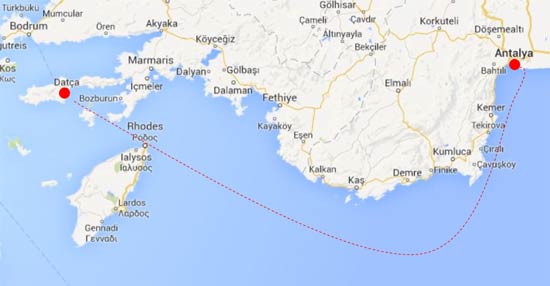 Map showing area between Datça peninsula and Antalya where shipwrecks were found