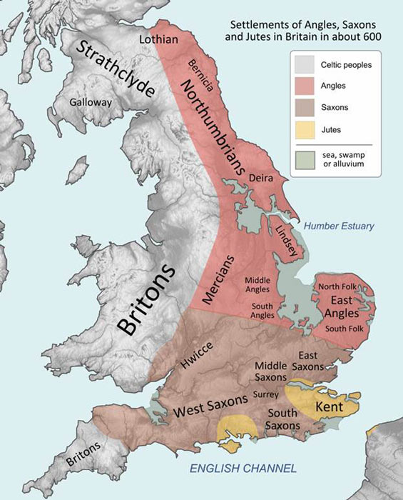 A map showing the locations of the Anglo-Saxon peoples around the year 600 AD and the Northumbria territory is the one Oswald needed to reclaim to become King Oswald of Northumbria. (Hel-hama / CC BY-SA 3.0)