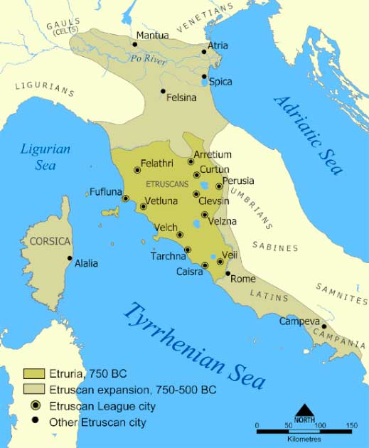 A map showing the extent of Etruria and the Etruscan civilization; the map includes the 12 cities of the Etruscan League and notable cities founded by the Etruscans (Norman Einstein / CC BY SA 3.0)