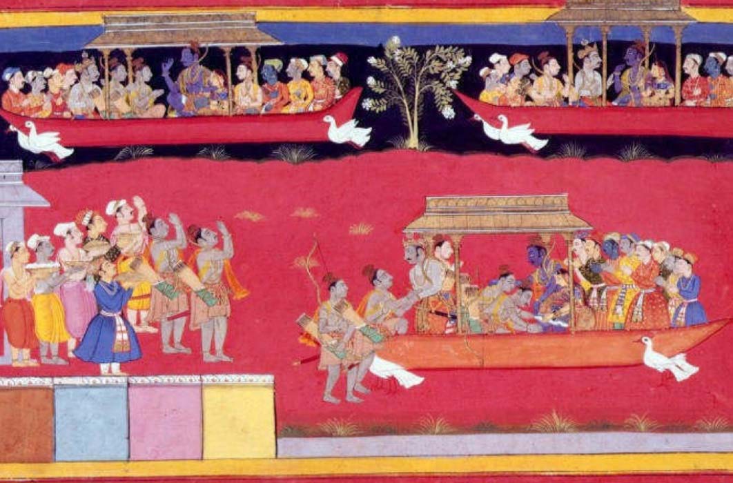 Pushpaka vimana depicted three times, twice flying in the sky and once landed on the ground.(Public Domain)