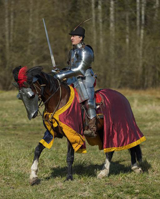 A young medieval warrior reenactor in knightly armor rides across the field on what is likely an oversized horse to be historically correct. (kozlik_mozlik / Adobe Stock)