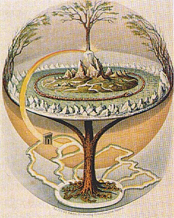 Illustration of Asgard, home of the Aesir, atop Yggdrasil, a great tree connecting nine worlds.