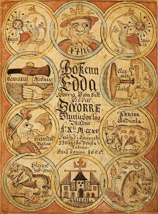 Title page of an 18th century manuscript of the Prose Edda, showing Odin, Heimdallr, Sleipnir and other figures from Norse mythology.