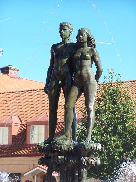 The sculpture "Ask och Embla" (Ask and Embla) by Stig Blomberg 1948, Sölvesborg, Sweden. Ask and Embla were the first human beings in Norse creation myths.
