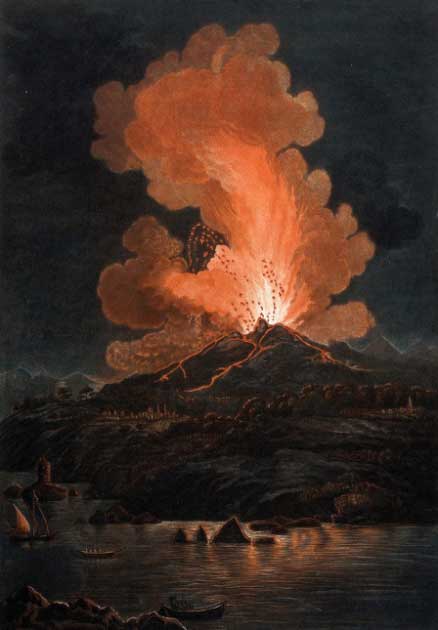 Cetakan mezzotint berwarna oleh J.-M.  Mixelle menggambarkan letusan Gunung Etna di malam hari.  (Area publik)