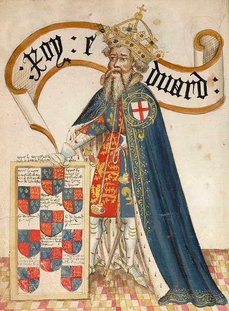 An illuminated manuscript miniature, circa 1430-40, of Edward III of England (1327-1377). The king is wearing a blue mantle, decorated with the Order of the Garter, over his plate armor. From the 1430 Bruges Garter Book made by William Bruges (1375–1450), first Garter King of Arms. (Public Domain)