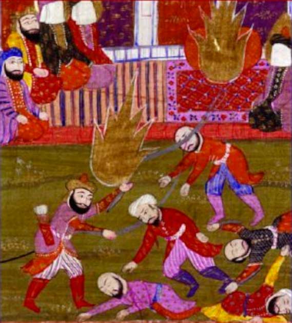 Detail from miniature painting ‘The Prophet, Ali, and the Companions at the Massacre of the Prisoners of the Jewish Tribe of Beni Qurayzah’, illustration of a 19th century text by Muhammad Rafi Bazil. (Public Domain)