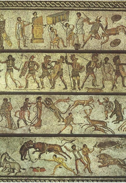 This mosaic depicts some of the entertainments that would have been offered at the games. Tripoli, Libya, first century. 