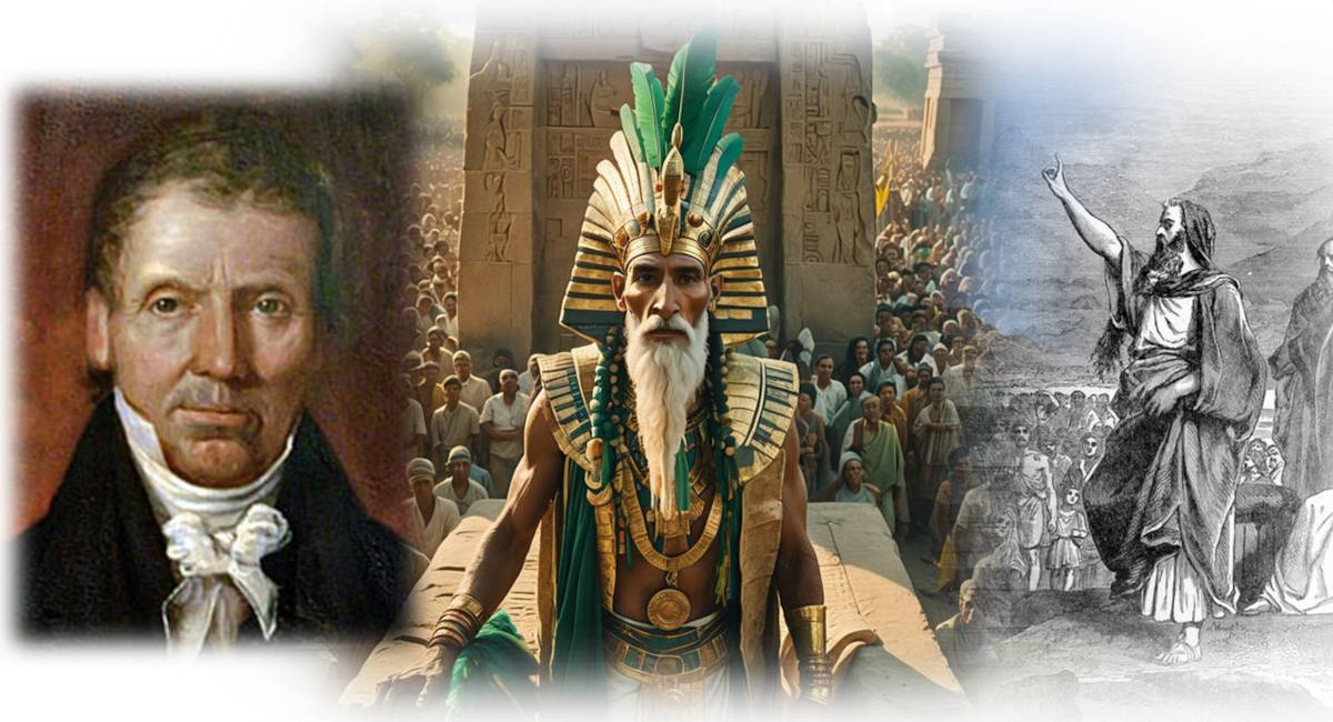 Ethan Smith (left), an AI-generated image of Moses as Quetzalcóatl in Mexico in the	13th century BC (center), and Moses (“Moses speaks to Israel, as In Deuteronomy 1”; by Henri Félix Emmanuel Philippoteaux, 1885, right). 