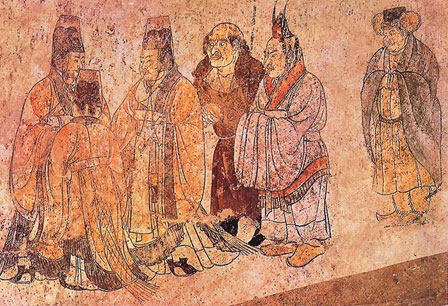 Coloured mural in tomb chamber of an excavated satellite tomb of Qianling Mausoleum