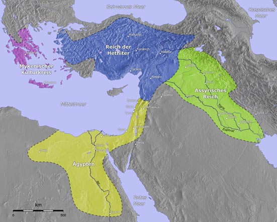 The Mycenaean dominion is highlighted in purple and the Hittite in blue