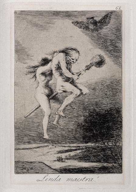 Two naked witches riding on a broomstick by Francisco Goya. (Public domain)