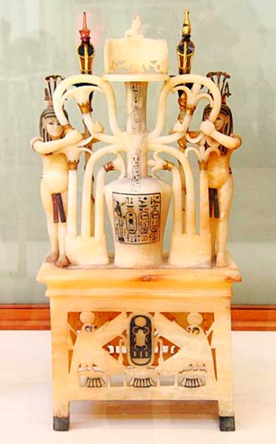 Cosmetic oil vessel with the representations of Nile gods symbolically uniting Upper and Lower Egypt, alabaster, gold, ivory, from the tomb treasure of Tutankhamun. Egyptian Museum, Cairo (Djehouty / CC by SA 4.0)