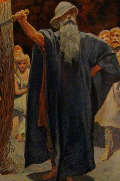 The old man (Odin) places a sword into the tree Barnstokkr after entering the hall of the Völsungs. Painting by Emil Doepler, 1905. (Public Domain)