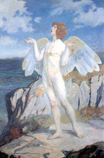A painting of a Victorian era description of Áengus mac Óg, depicted here with swan wings. 