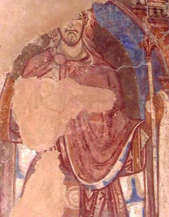 A 12th-century painting of Saint Oswald in Durham Cathedral, England. (Robin Widdison / Public domain)
