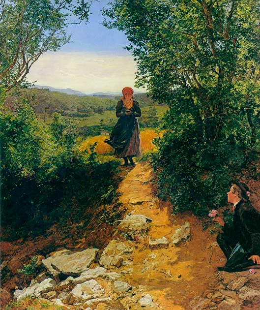 Questo dipinto del 1860, intitolato 'The Expected One' di Ferdinand Georg Waldmüller (Public Domain) sembra mostrare una donna che passeggia lungo un sentiero mentre scorre su uno smartphone.  Gli esperti dicono che è solo un libro di preghiere.