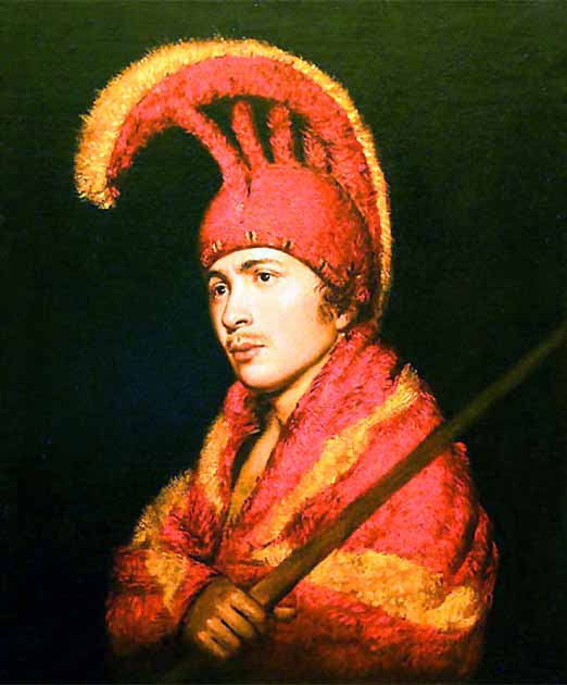 Man Wearing Hawaiian Feather Cloak and Helmit, oil on canvas painting attributed to Rembrandt Peale, c. 1805-1810, Bernice P. Bishop Museum (Public Domain)