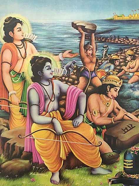 A 20th-century painting depicting a scene from the Ramayana, in which Vanaras are building a bridge to Lanka. (Public Domain)