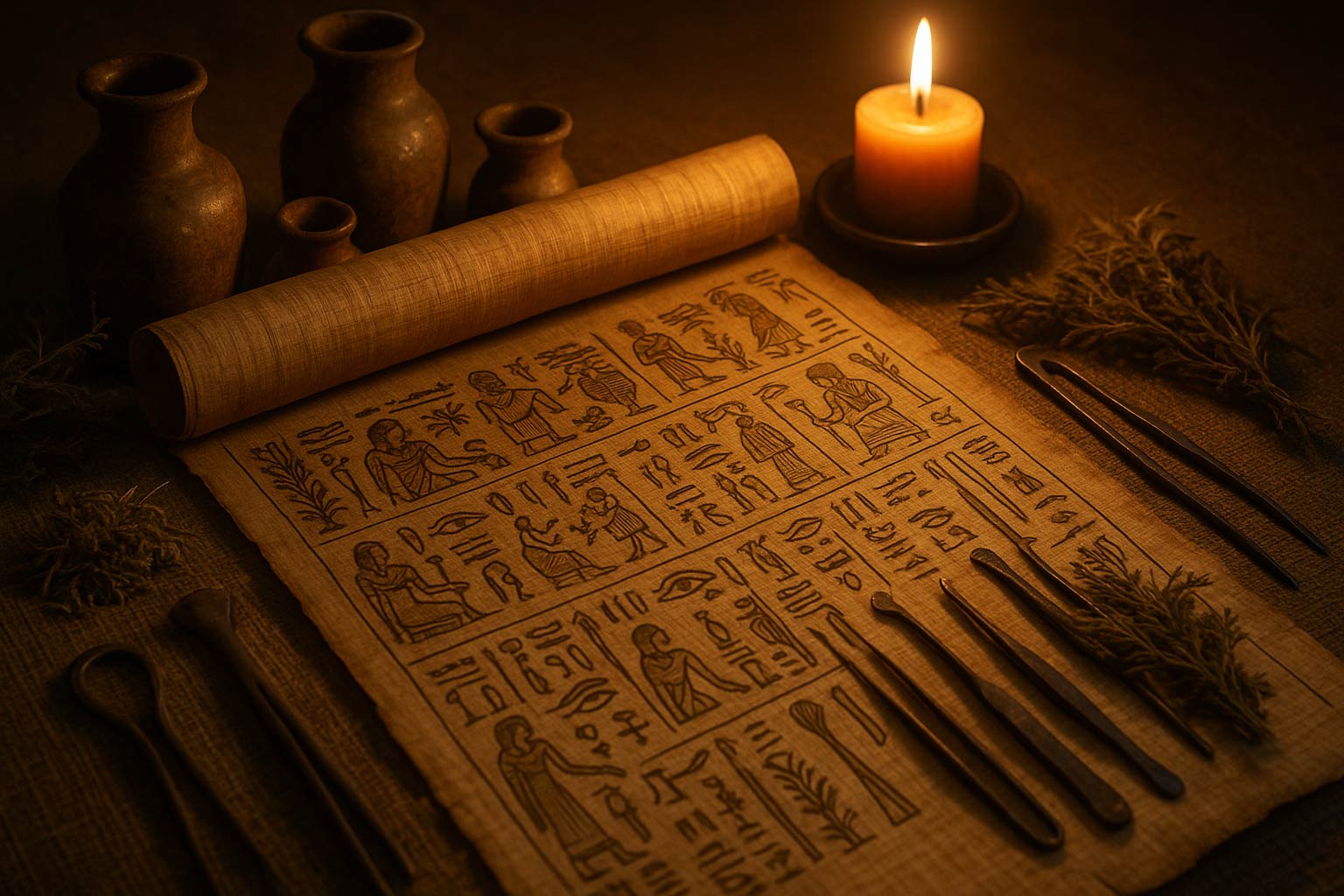 Ancient Egyptian medical papyrus scrolls with hieroglyphic medical texts, herbs, and medical instruments, representing the sophisticated medical knowledge of ancient Egypt.