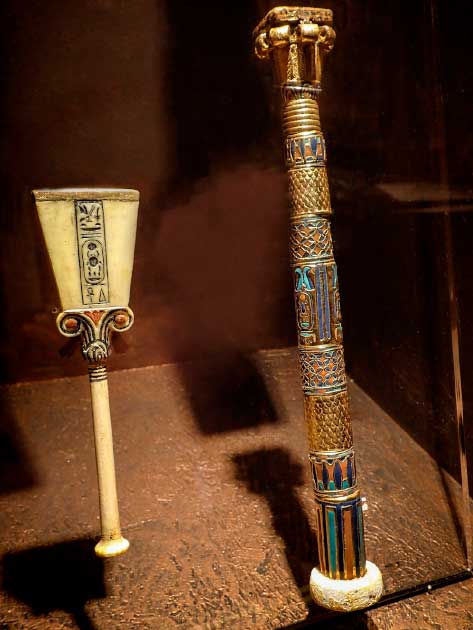 Ivory rattle and ornate reed pen case found in King Tut's tomb. Photographed at the Discovery of King Tut exhibit at the Oregon Museum of Science and Industry in Portland, Oregon. (Mary Harrsch / Flickr)