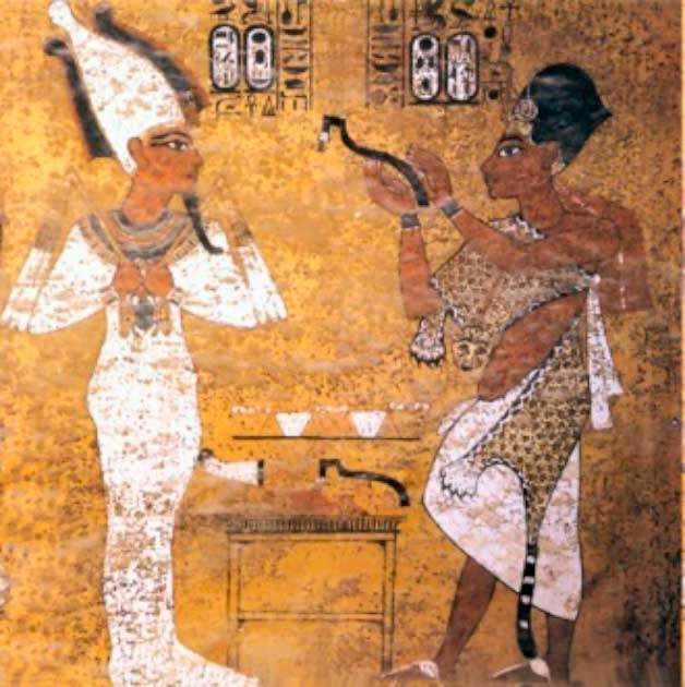 Ay performing the Opening of the Mouth ceremony at Tutankhamun. Wall painting from Tutankhamun's tomb (Public Domain)