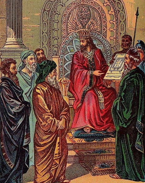 Solomon and the plan for the First Temple, illustration from a Bible card published by the Providence Lithograph Co. 