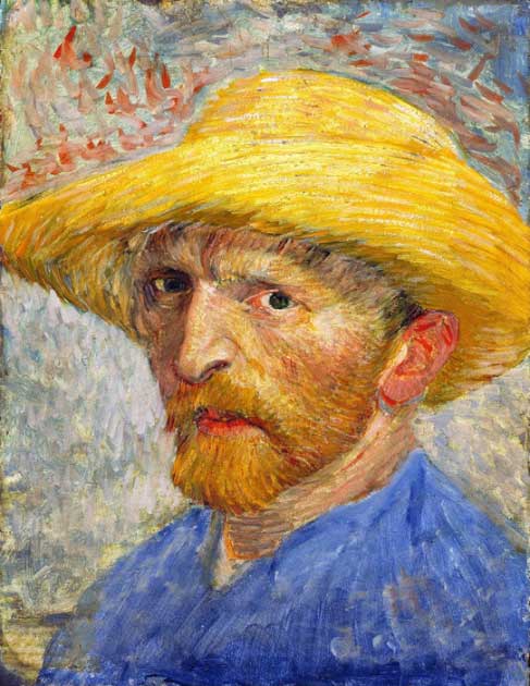 Self-Portrait with a Straw Hat, by Vincent van Gogh.  This self-portrait is currently in the Detroit Institute of Arts and is one of many self-portraits he painted during his lifetime.  (public domain)