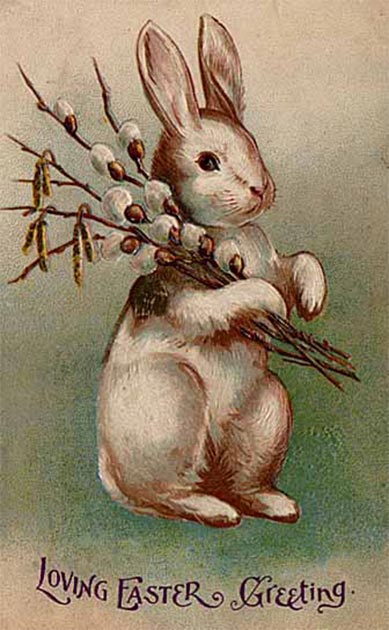A 1907 postcard featuring the Easter Bunny, a representation of the replacement of the hare by the rabbit as a traditional Easter animal. (Ras67 / Public Domain)