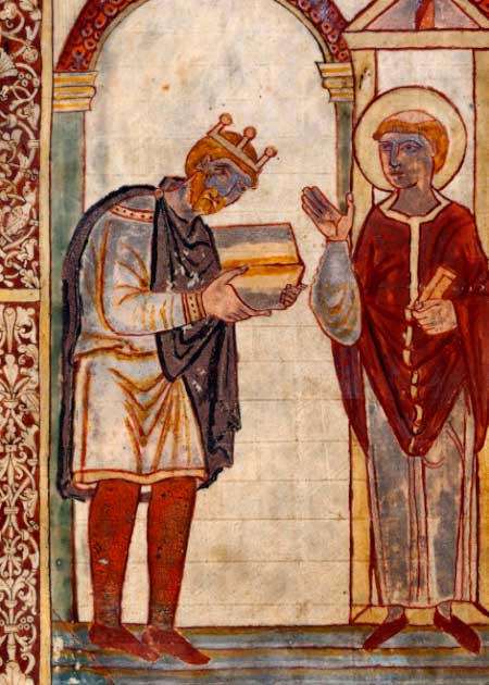 Athelstan presenting a book to St Cuthbert, an illustration in a manuscript of Bede's Life of Saint Cuthbert, probably presented to the saint's shrine in Chester-le-Street by Athelstan when he visited the shrine on his journey to Scotland in 934. It is the oldest surviving portrait of an English king and the manuscript is the oldest surviving made for an English king, circa 930 AD. (Public Domain)