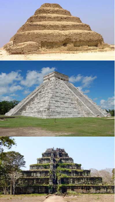 Pyramid of Djoser, Saqqara, Egypt. El Castillo or temple of Kukulkan, Chichén Itzá, Mexico. Pyramid of Koh Ker, Cambodia. 