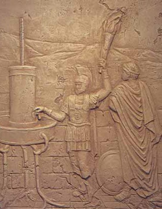 A relief of the Greek hydraulic telegraph of Aeneas, depicting one half of a telegraph system. (Public domain)