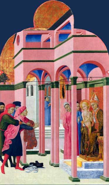 St. Francis of Assisi renounces his earthly father, painting by Stefano di Giovanni, circa 1437 (Public Domain)