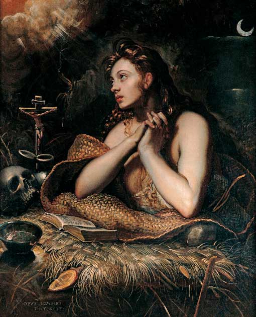 The repentant prostitute became a recurring theme in Christian art. Oil painting of Mary Magdalene titled Penitent Magdalene, by artist Domenico Tintoretto, circa 1600 (Public Domain)