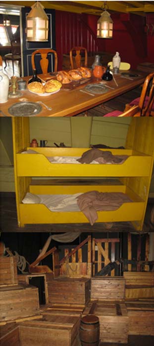 Captain’s room, sleeping bunks, and cargo space on a replica of the Amsterdam. 