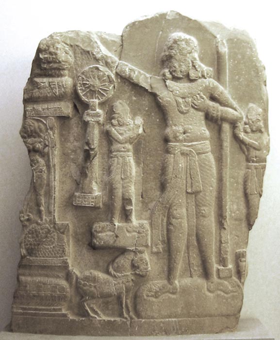 A circa 1st century BCE/CE relief from Amaravati, Andhra Pradesh (India). The figure in the center may represent Ashoka.