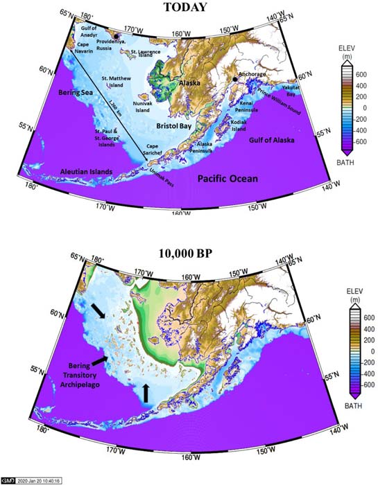 Aquí, los investigadores de America's Latest Theory on Migration of America's First Peoples muestran cómo habría sido el Estrecho de Bering hace 25.000 años (mapa inferior). (Informes, Geociencia)