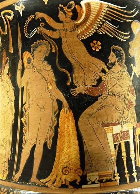 Jason returns with the Golden Fleece, shown on an Apulian red-figure calyx krater, c. 340–330 BC. (Public domain)