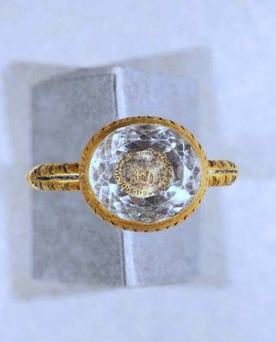 A closeup of the Civil War era crystal and gold mourning ring discovered by metal detectorist Lee Morgan. (Manx National Heritage)