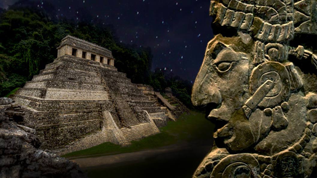 Deriv; K'inich Kan B'alam II, one of the many rulers of Palenque (Public Domain), and The Temple of the Inscriptions, Palenque, Mexico