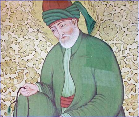 Painted picture of Rumi under glass on the outside the museum office at Rumi’s Mosque