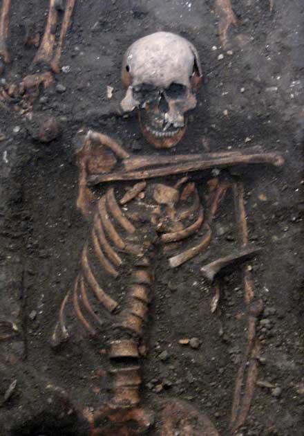 Una muestra utilizada en el estudio se tomó de un esqueleto de un hombre adulto joven enterrado en Cambridge y que data del siglo XIV. (Dr. Craig Cessford/Universidad de Cambridge)