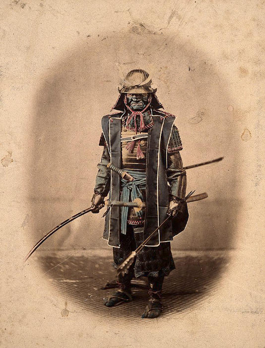 Colorized photograph of Japanese military commander, Koboto Santaro wearing traditional Samurai Armor, ca. 1868.