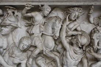 A detail from a 3rd century CE Roman sarcophagus showing the amazon Penthesilea and the Greek hero Achilles in a scene from the Trojan War.