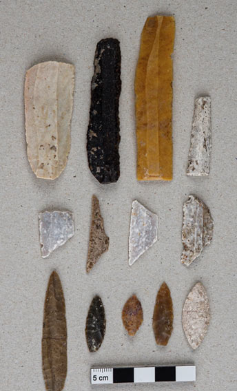 Una selección de herramientas líticas de sílex, cuchillas, microlitos geométricos y puntas de flecha, del osario de El Pendón en España donde se encontró el cráneo de la cirugía de oreja. (Informes científicos)