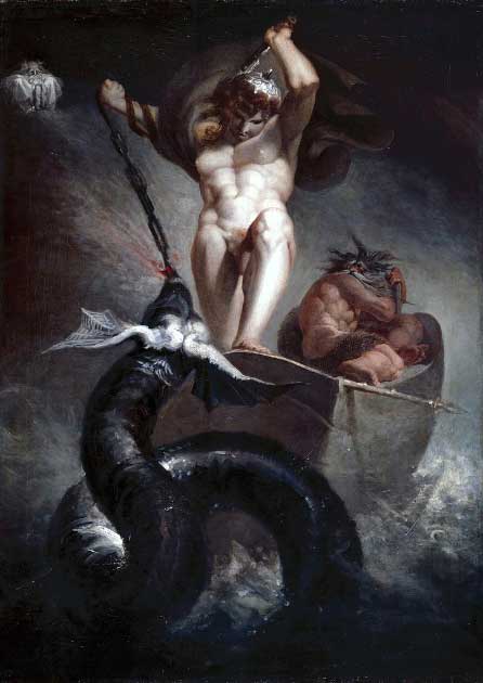 Thor fighting the mighty serpent Jormundgandr during a fishing trip with a giant in a painting by Henry Fuseli. (Royal Academy of Arts / Public domain)